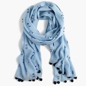 Embroidered Pom-Pom Scarf